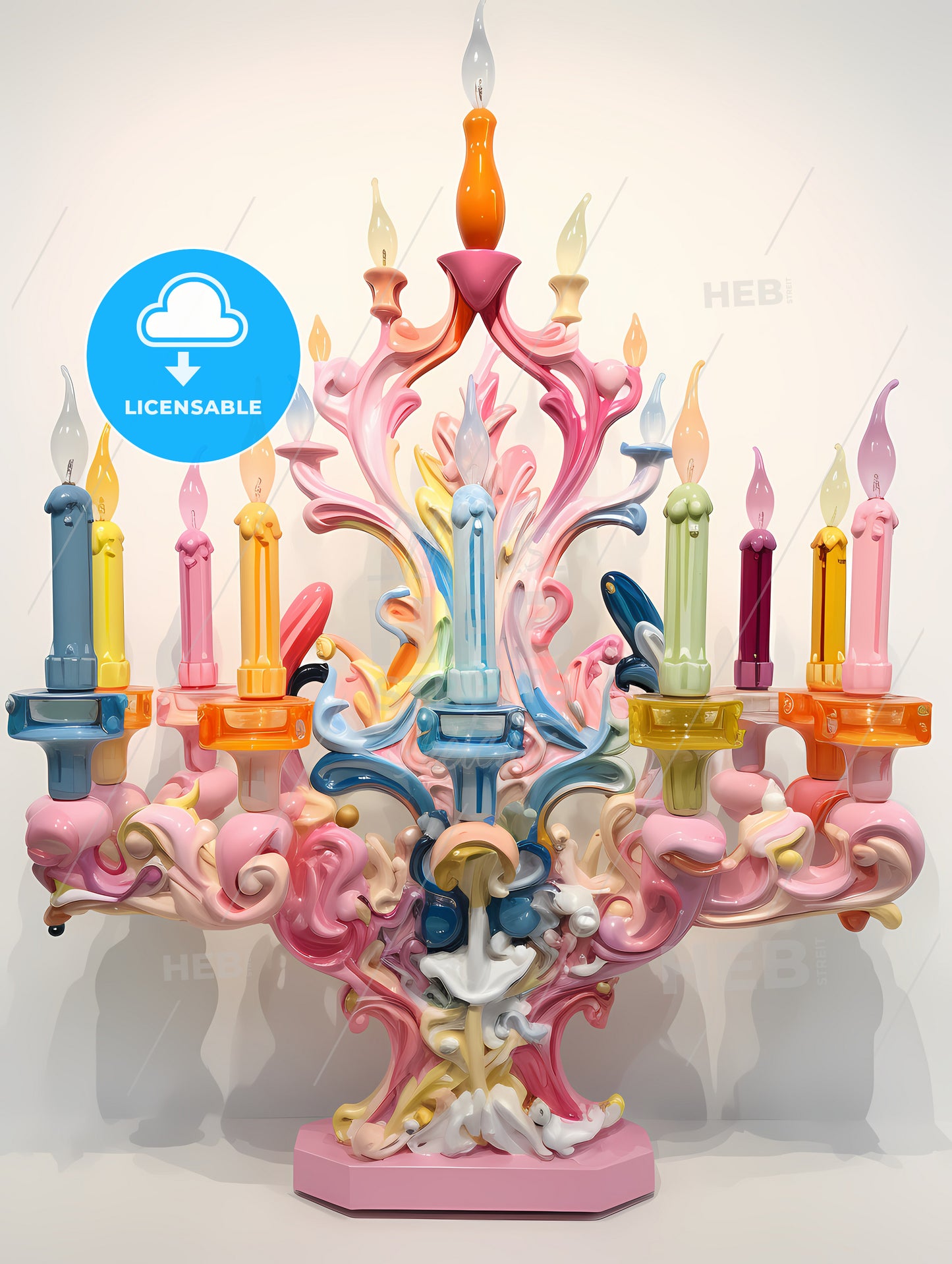 A Colorful Menorah Painted On White, A Colorful Candle Holder With Candles