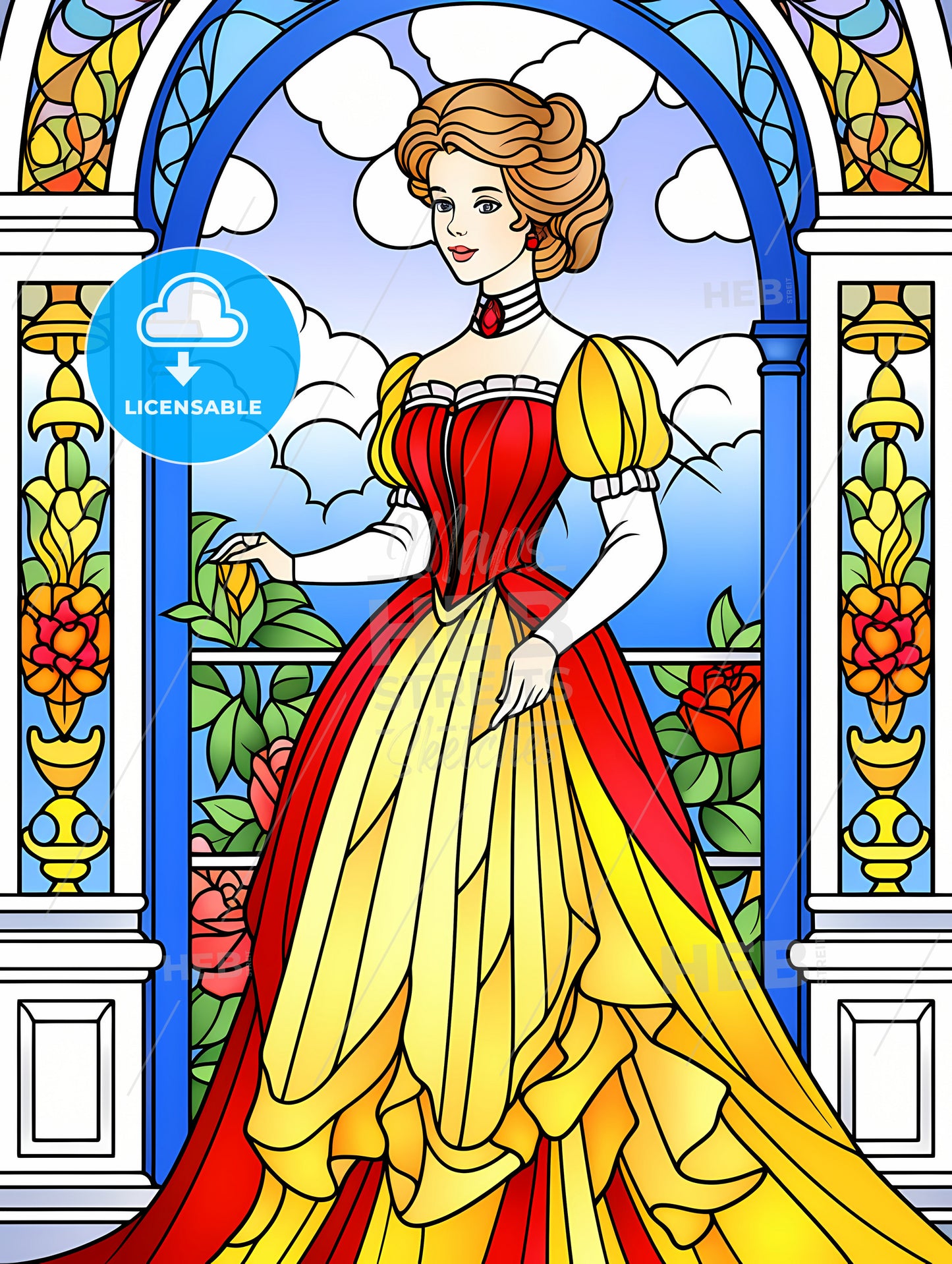 Elegant Victorian Woman, A Stained Glass Window With A Woman In A Dress