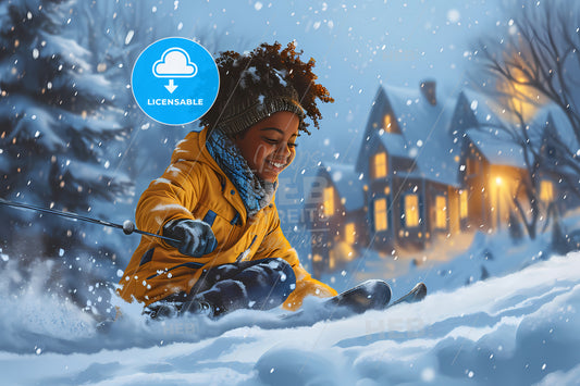 Black Man Skiing, A Girl Sitting In The Snow