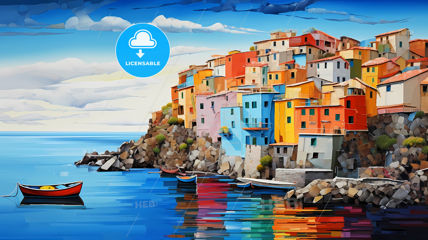 Houses Colorful  Suggest Poetic, A Colorful Houses On A Rocky Hill By Water With Cinque Terre In The Background