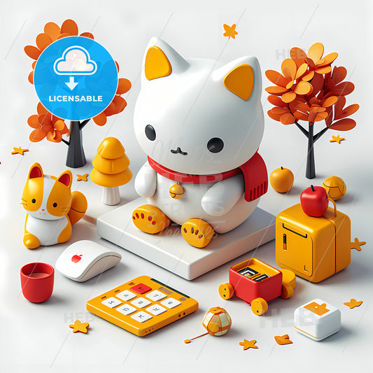 Set Of Icons Arranged In A Group 3D Scene, A White Cat Toy With Orange Objects