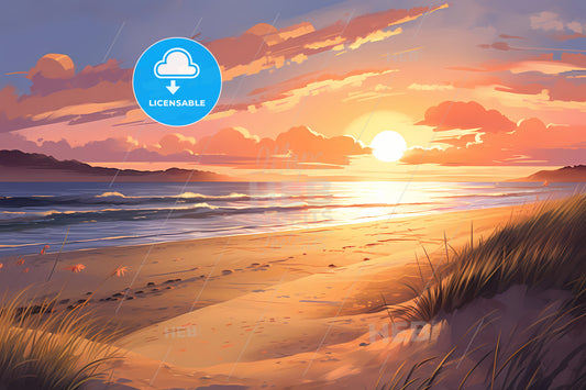 A Beach At Sunset With Grassy Sand And A Sunset Sun, A Sunset Over A Beach