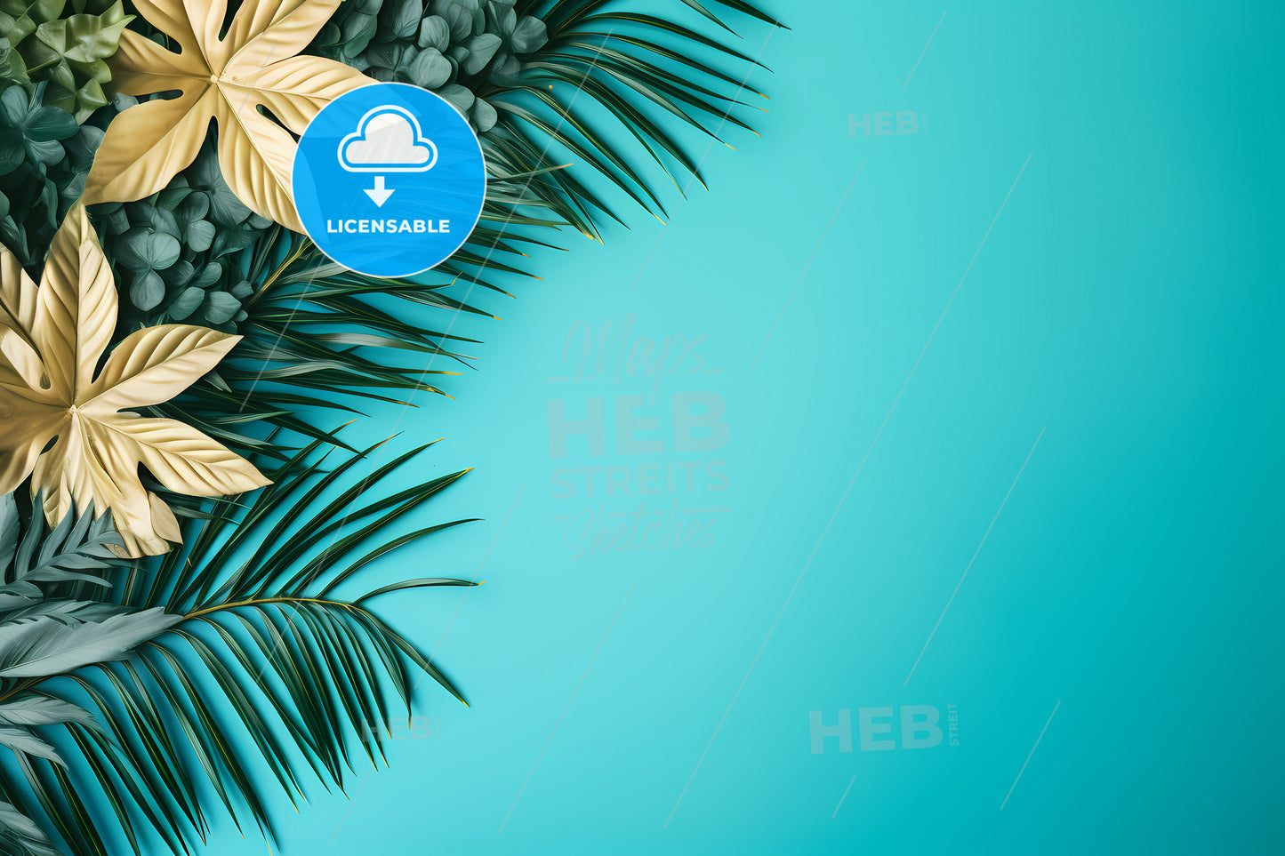 Summer Background With Copy Space, A Group Of Leaves On A Blue Background