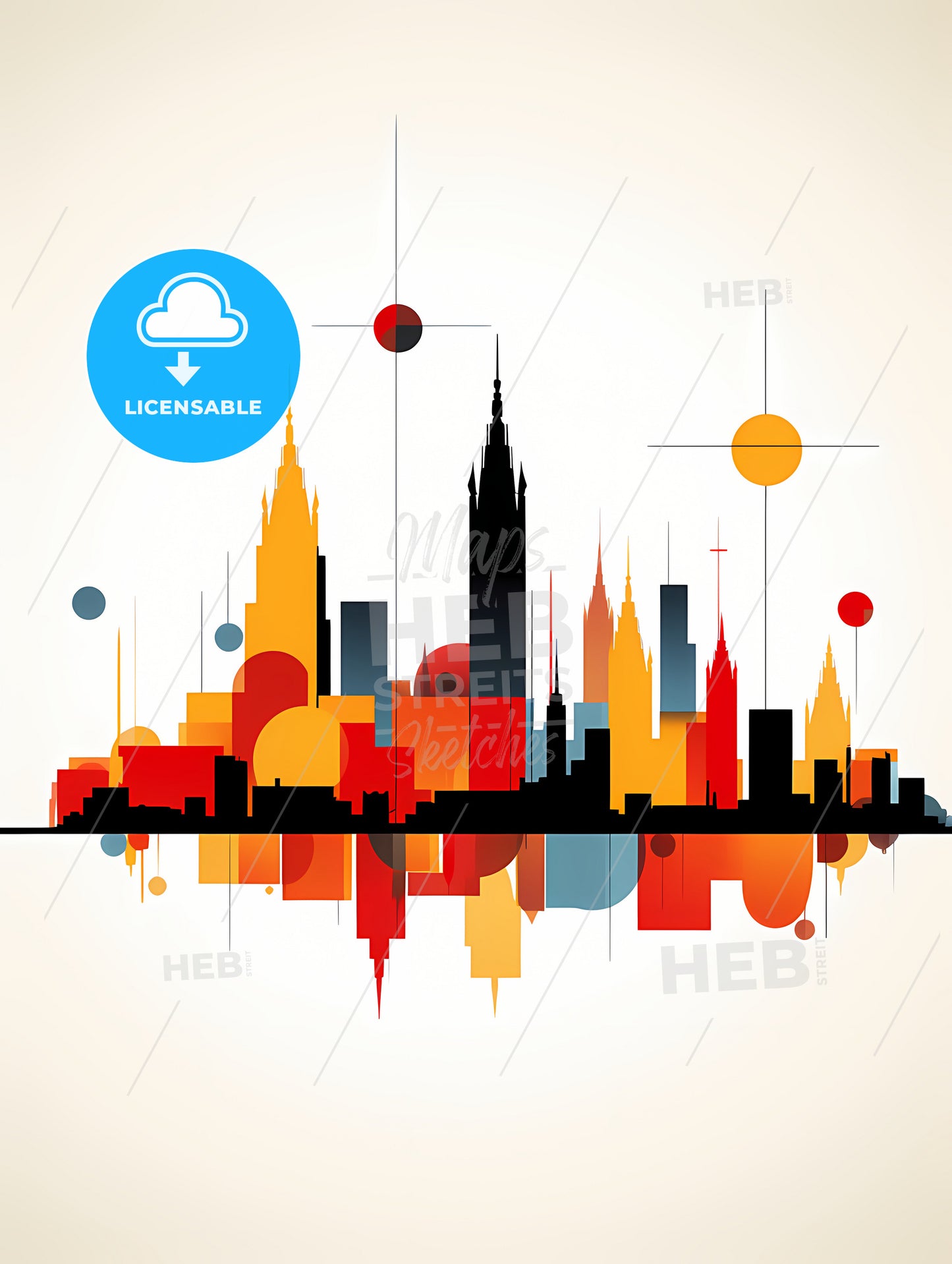 Minimalist Barcelona Skyline, A Colorful City Skyline With Circles And Dots