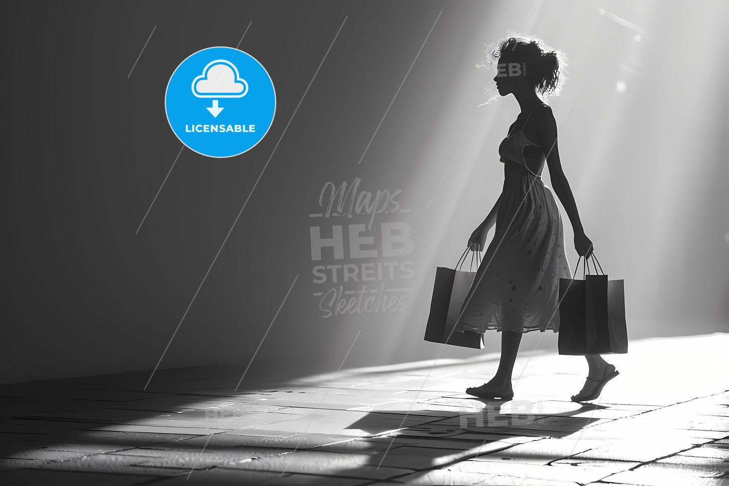 A Grayscale Illustration Of A Hedonist, A Woman Walking With Shopping Bags