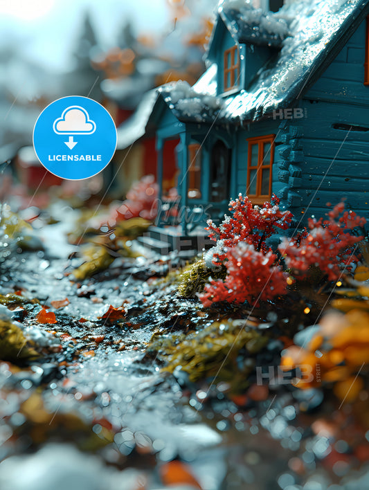 A Micro Landscape Of A City In Fairy Tales, A Small House With Snow On The Ground