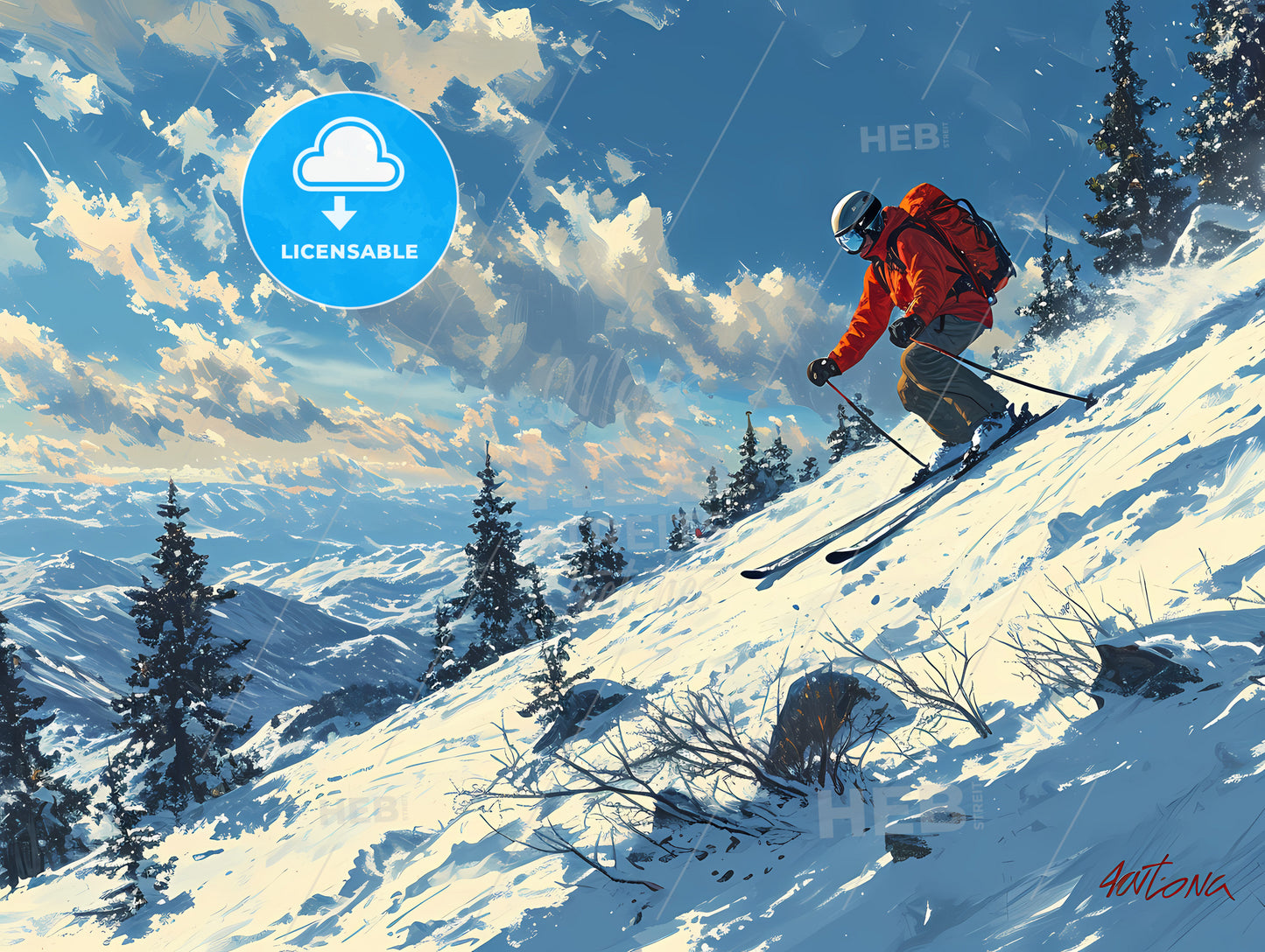 On The Ski Resort, A Person Skiing Down A Snowy Hill