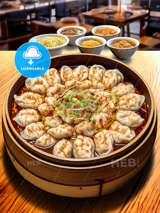Hot Tasty Chinese Dumplings, A Bowl Of Dumplings With Different Sauces