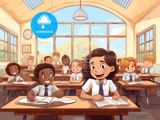 Multi Racial Elementary School, Cartoon Of Kids In A Classroom
