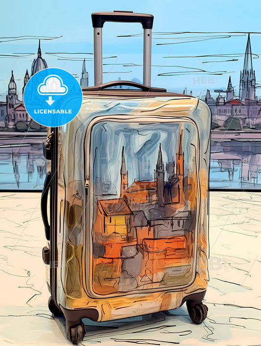 Travel Suitcase At The Airport, A Suitcase With A City In The Background