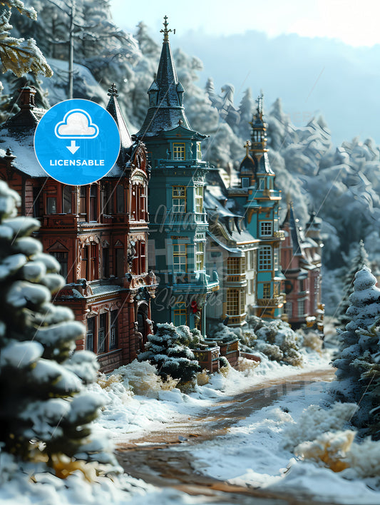 A Micro Landscape Of A City In Fairy Tales, A Row Of Houses In A Snowy Forest