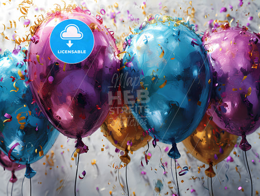 Vector Illustration As Background For Greetings, A Group Of Balloons With Confetti