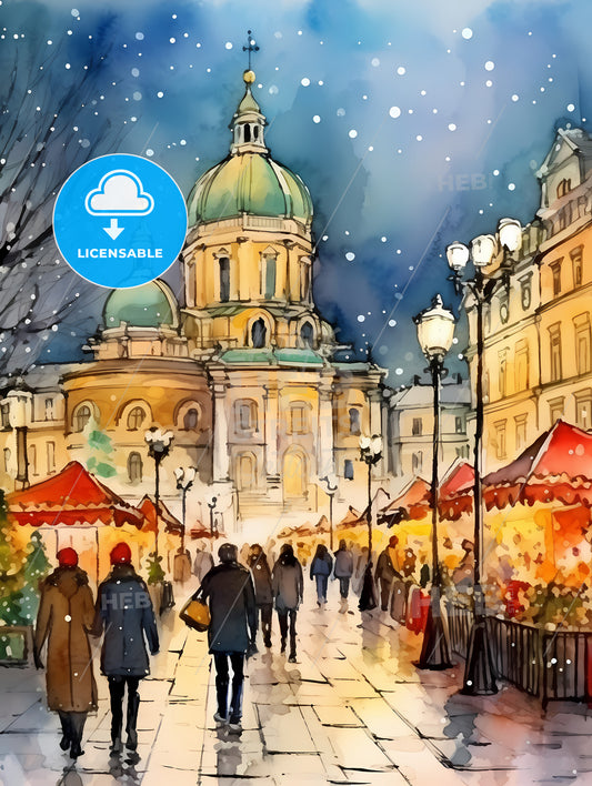 People Walking A Beautiful Italian Christmas Market, A Group Of People Walking Down A Street With A Building In The Background
