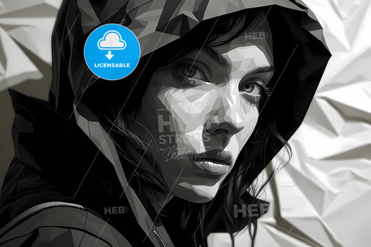 A Grayscale Illustration Of A Hedonist, A Woman Wearing A Hood