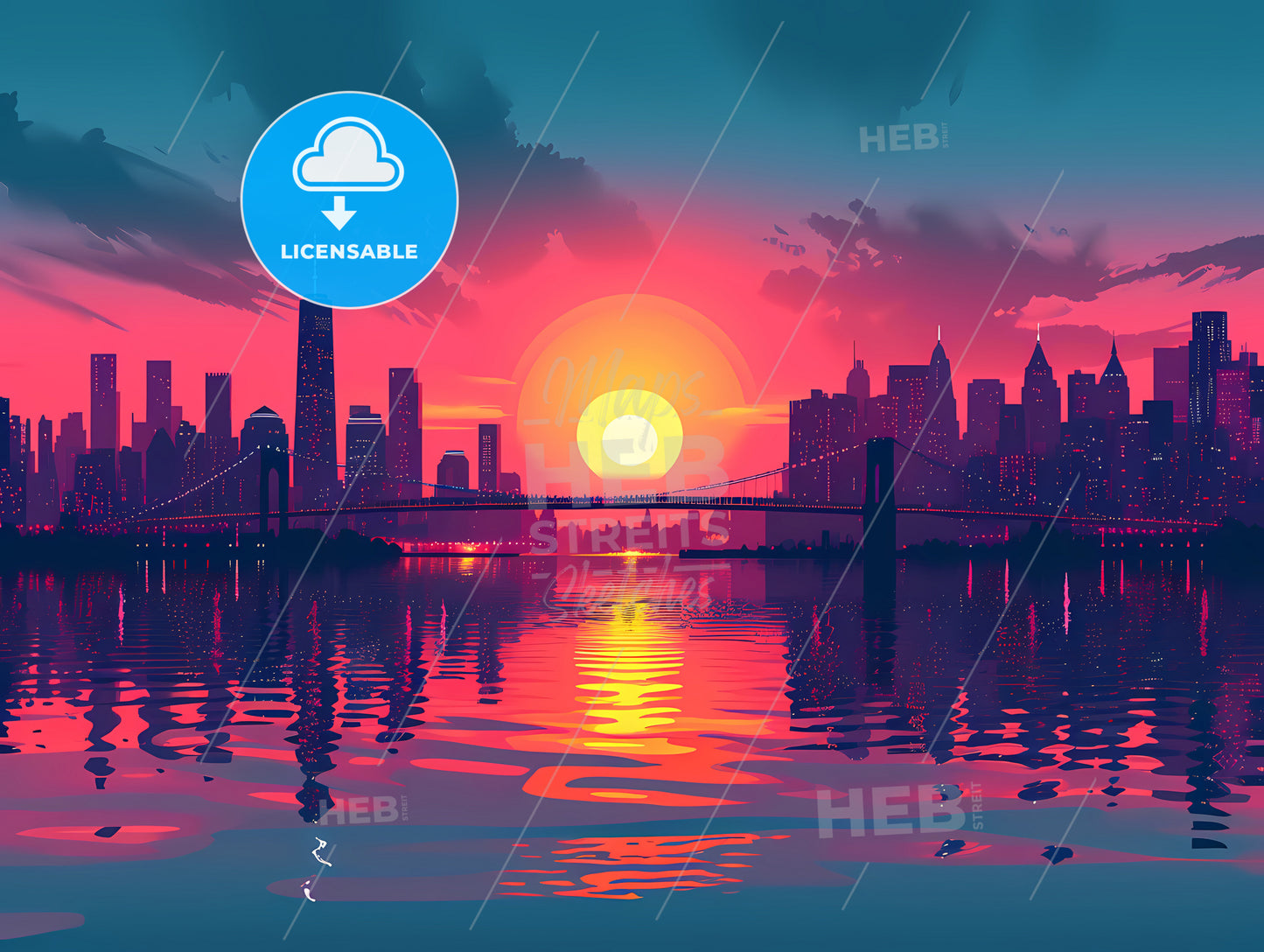 Lofi Pixel Art Of A Cityscape, A Sunset Over A City