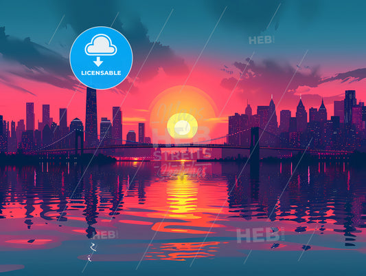 Lofi Pixel Art Of A Cityscape, A Sunset Over A City