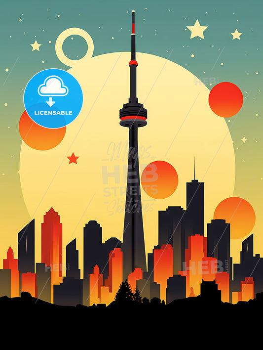 Minimalist Toronto Skyline, A City Skyline With A Large Moon And Stars