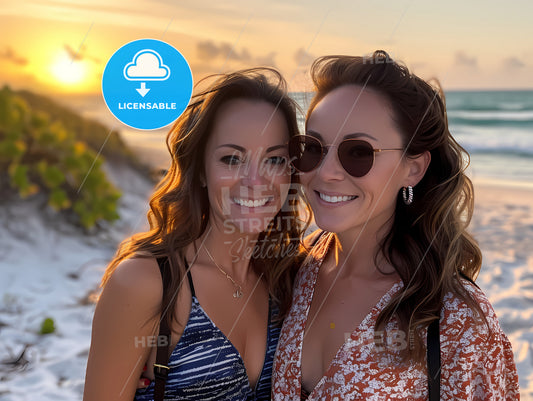 Two Happy Beautiful Moms, Two Women Standing Together On A Beach
