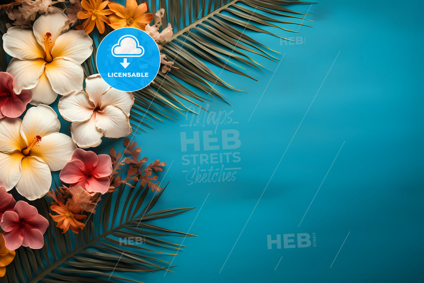Summer Background With Copy Space, A Group Of Flowers And Leaves