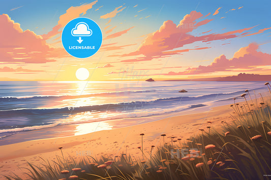 A Beach At Sunset With Grassy Sand And A Sunset Sun, A Sunset Over A Beach