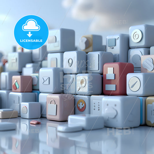 Set Of Icons Arranged In A Group 3D Scene, A Group Of Cubes With Icons
