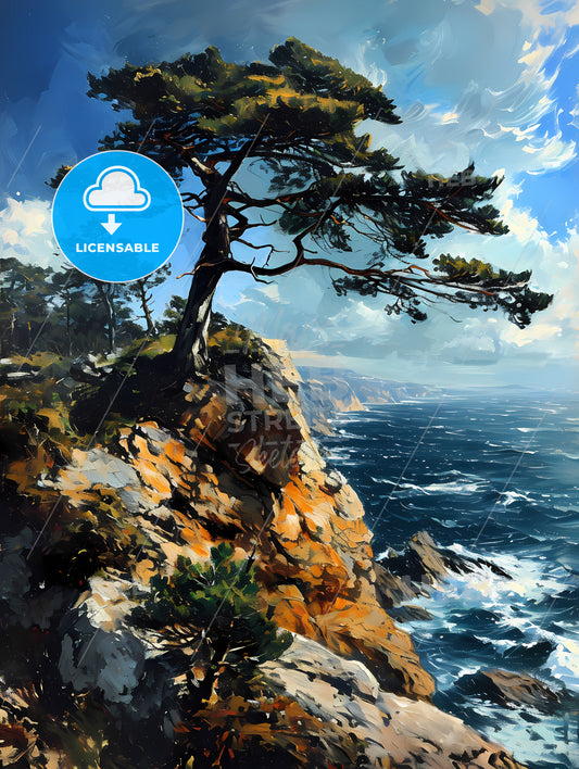 Wind, A Tree On A Cliff By The Ocean