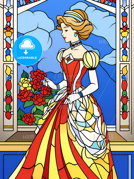 Elegant Victorian Woman, A Cartoon Of A Woman In A Colorful Dress