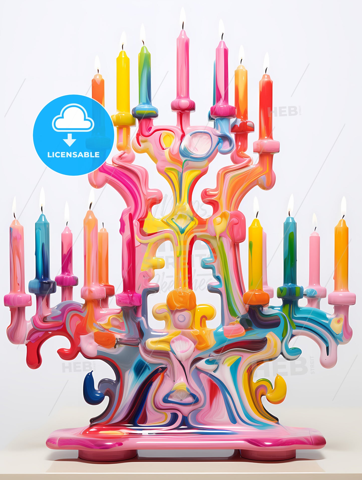 A Colorful Menorah Painted On White, A Colorful Candle Holder With Lit Candles