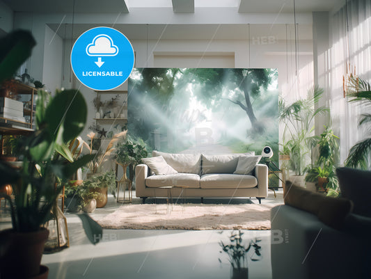 In A Spacious And Bright Living Room, A Room With A Couch And Plants