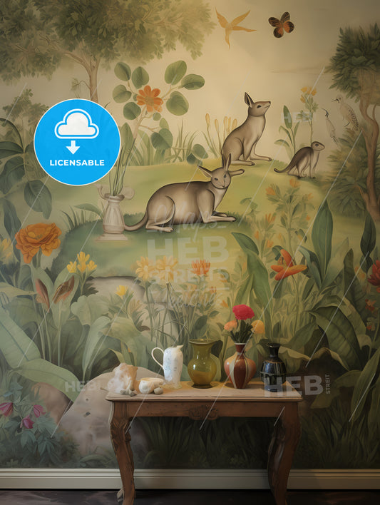 The Tapestry Is Green With Many Animals, A Table With Vases And A Painting On The Wall