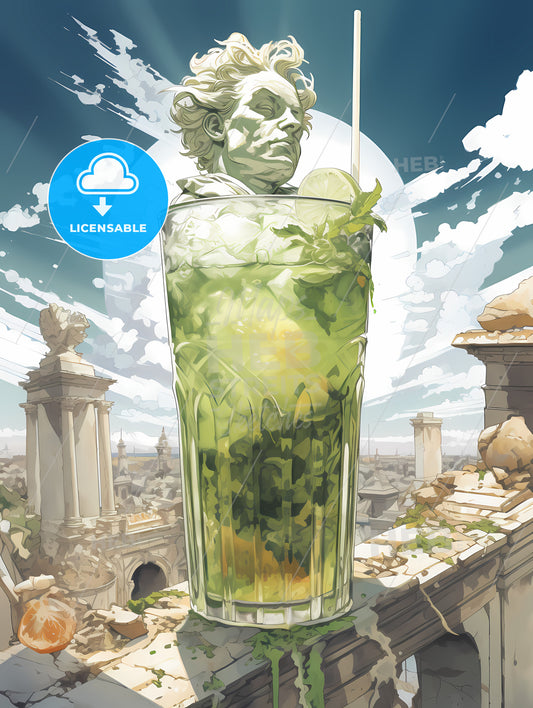 Mojito Drink, A Glass Of Liquid With A Statue Of A Man's Head