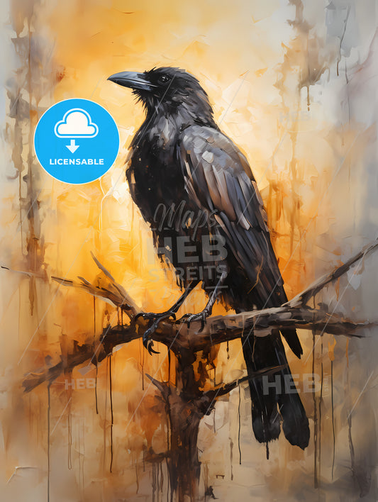 A Mysterious Oil Painting With A Black Crow, A Painting Of A Black Bird On A Branch