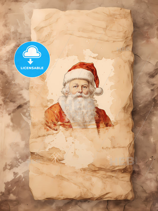 Santa Claus On A Beige Insulated Background, A Painting Of A Man In A Red Coat And Hat On A Piece Of Paper
