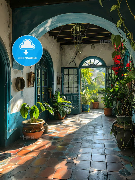 Languedoc France, A Hallway With Plants In Pots