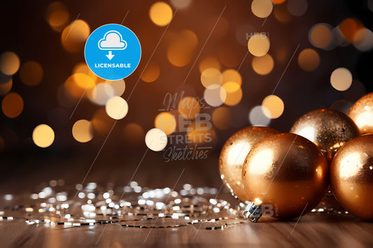 New Years Eve Background, A Group Of Gold Ornaments On A Wood Surface