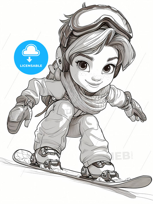 Coloring Page For Kids Snowboarding, A Cartoon Of A Girl On A Snowboard