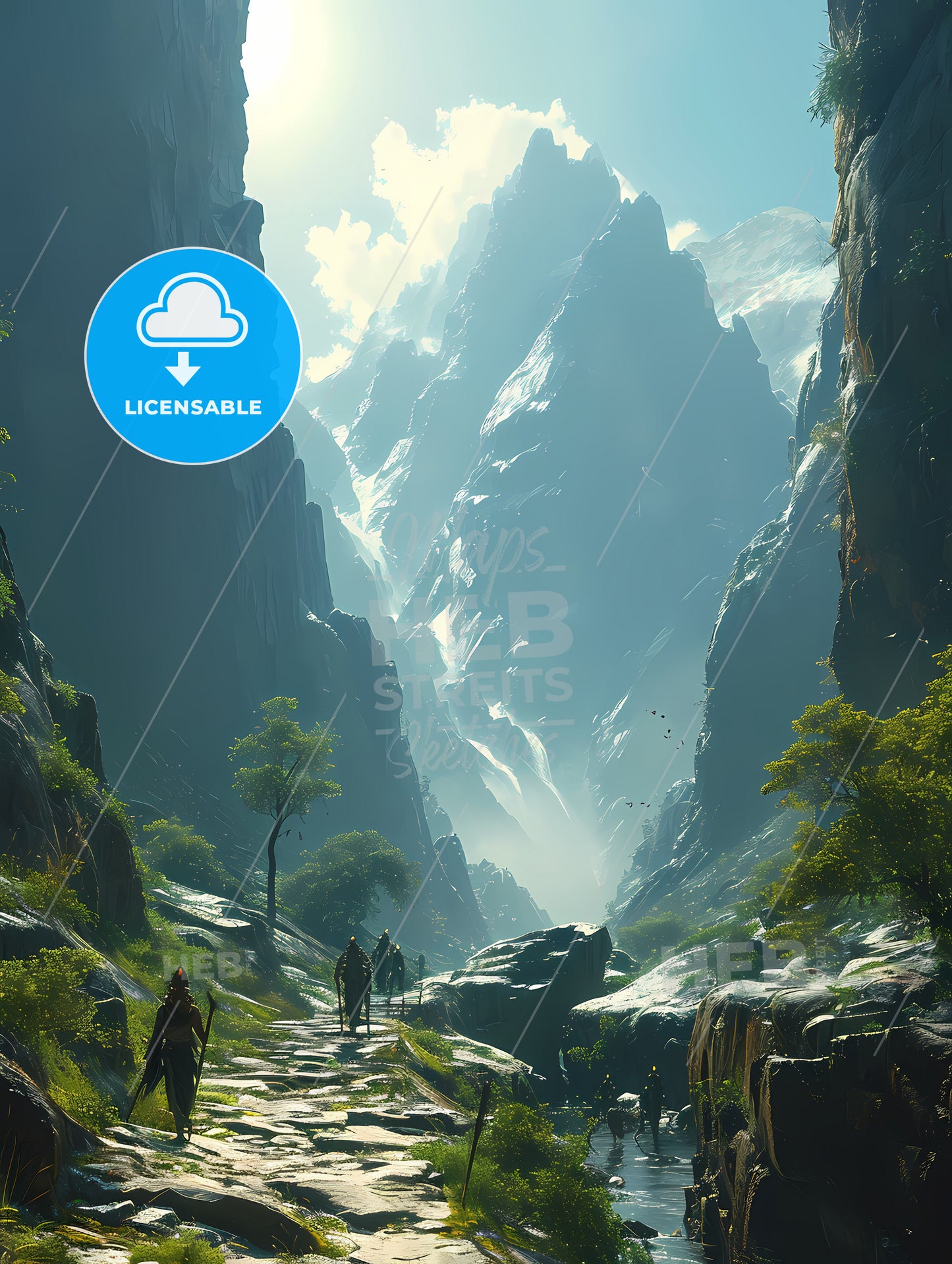 A Green Sunny Landscape With Many Dancers, A Group Of People Walking On A Path Through A Mountain