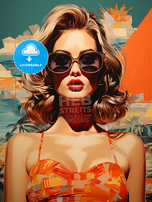 Stylish Retro Poster With Beautiful Young Lady, A Woman Wearing Sunglasses And A Garment