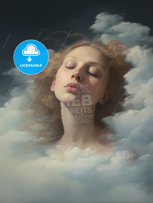 Cloudy Sky Portraits, A Woman With Her Eyes Closed Surrounded By Clouds