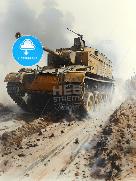 Ww1 Tank Battlefield In The Background, A Tank Driving Through A Dirt Field