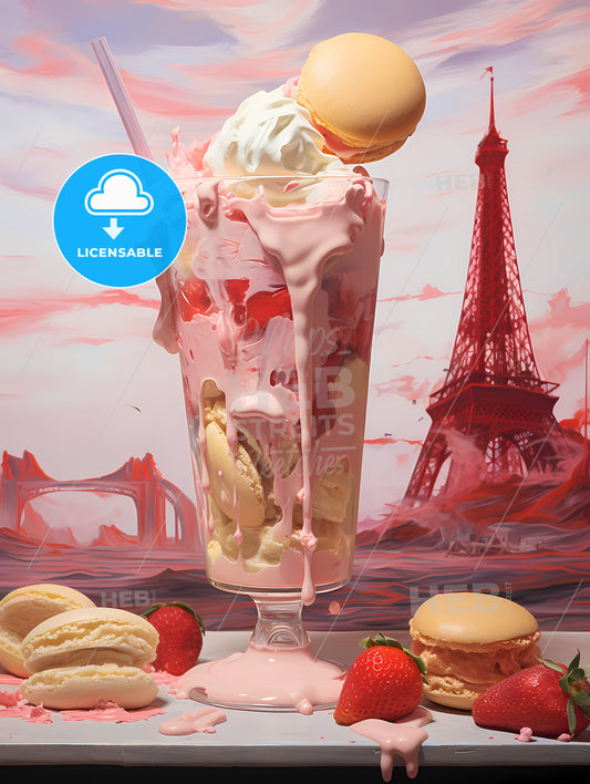 Strawberry Milkshake, A Pink Milkshake With A Straw And A Tower In The Background