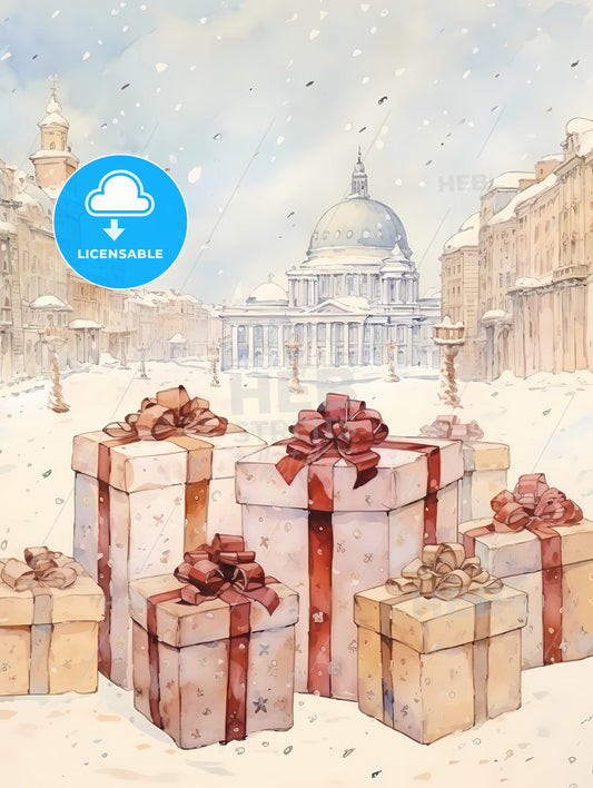 Christmas And Holiday Gifts On Snow, A Group Of Presents In A Snowy City