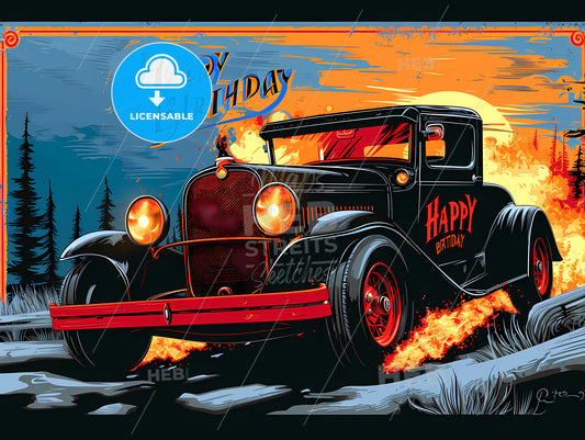 Happy Birthday Racing Car Card, A Black Car With Flames On It