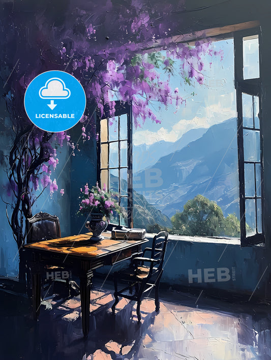 Painting Of Table And Chairs By The Window, A Table And Chairs In A Room With Purple Flowers