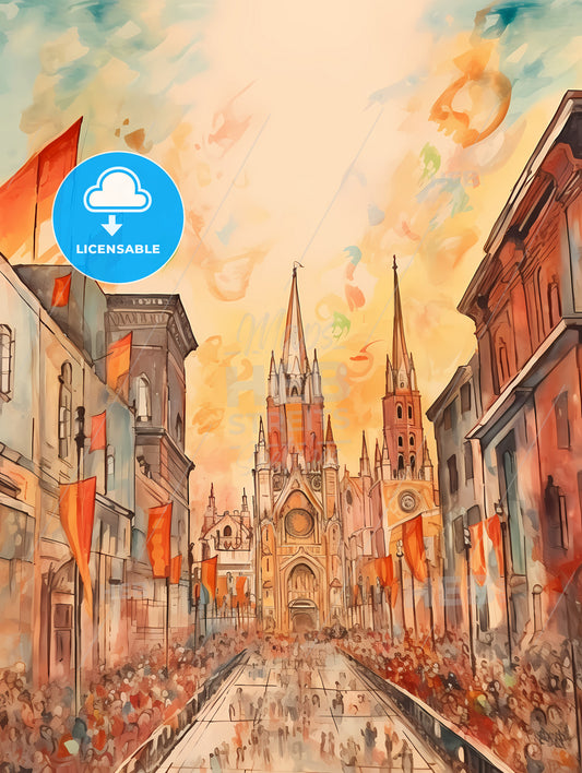 Cinco De Mayo Holiday Card With Copy Space, A Street With Buildings And Flags