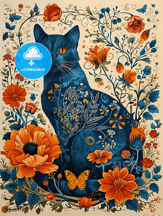 Linocut Cat Folk Art, A Cat With Flowers And Butterflies