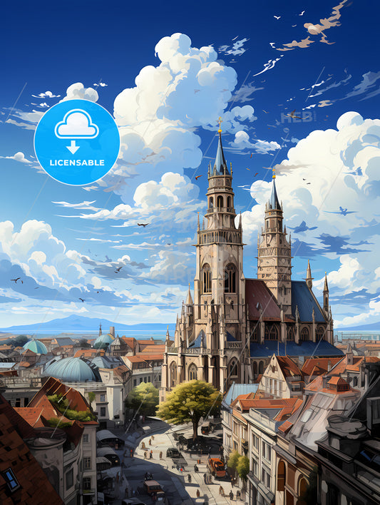 The Roofs Of Munich Skyline, A Large Building With Towers And A City In The Background