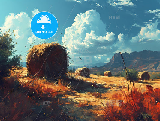A Scene With Hay Bales And An Illustrative Cloud, A Field With Hay Bales