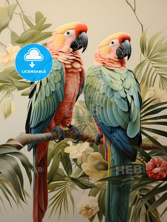 Green Palm Leaves, Two Colorful Birds On A Branch