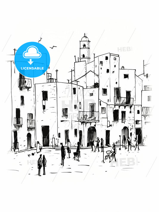 Trapani Tp City Center And Some People, A Drawing Of A Group Of People Walking In A Street